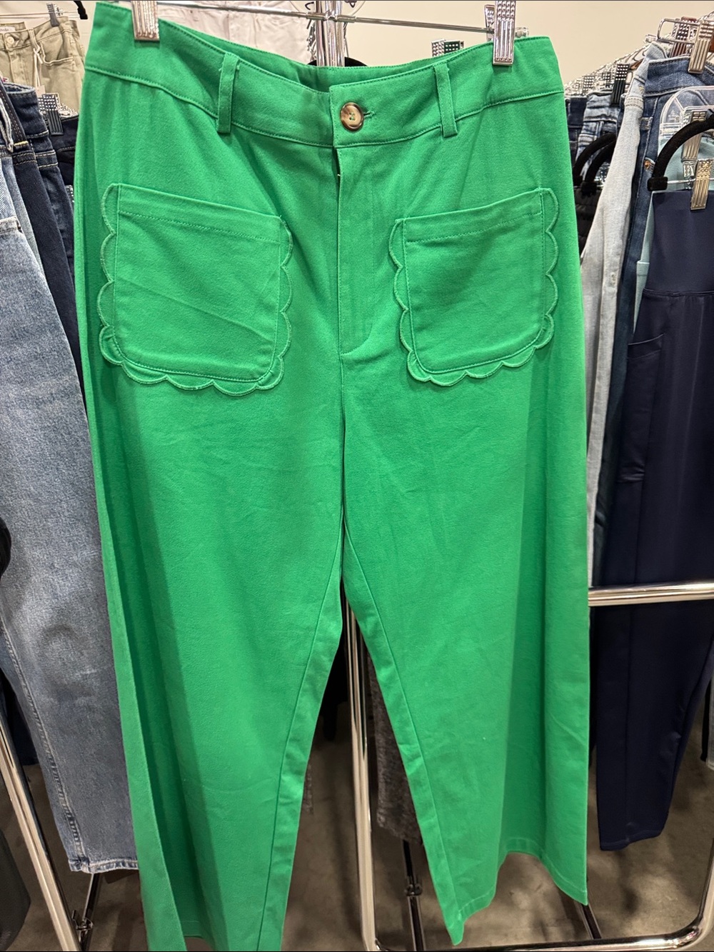 JODIFL Bright Green Wide-Leg Pants with Scalloped Patch Pockets